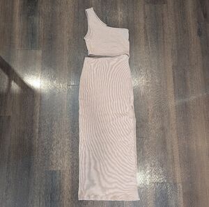 Lulus M tan one shoulder bodycon cutout maxi dress